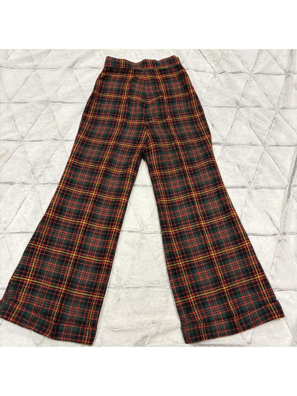 Vintage 70s Retro Plaid Wide Leg Pants Women Small Flare Unique